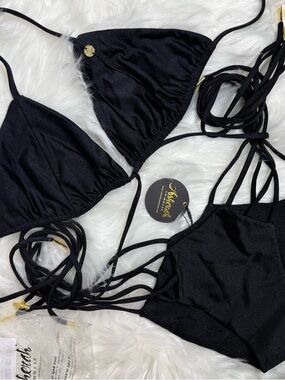 Asherah swimwear Black Strappy Bikini Set with Gold Accents